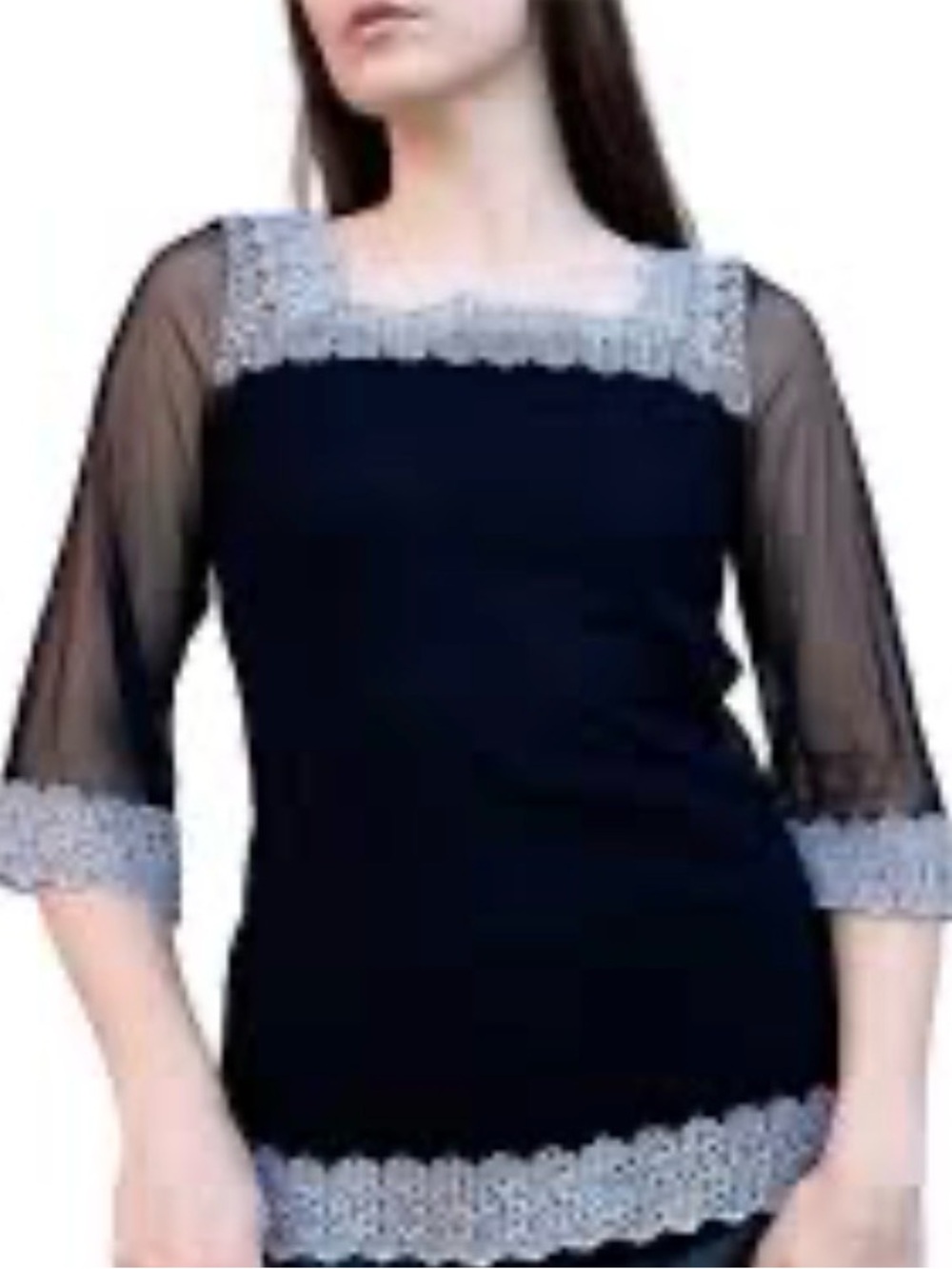 Nicole Black Top with Cream Lace Trim and Sheer Sleeves